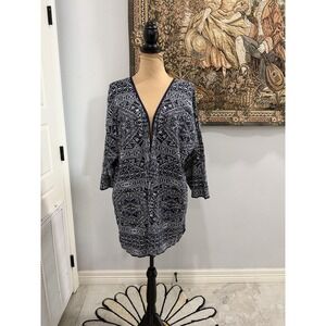 Chico's Cardigan Womens Large Blue White Open Front Cotton 3/4 Sleeve Boho Print